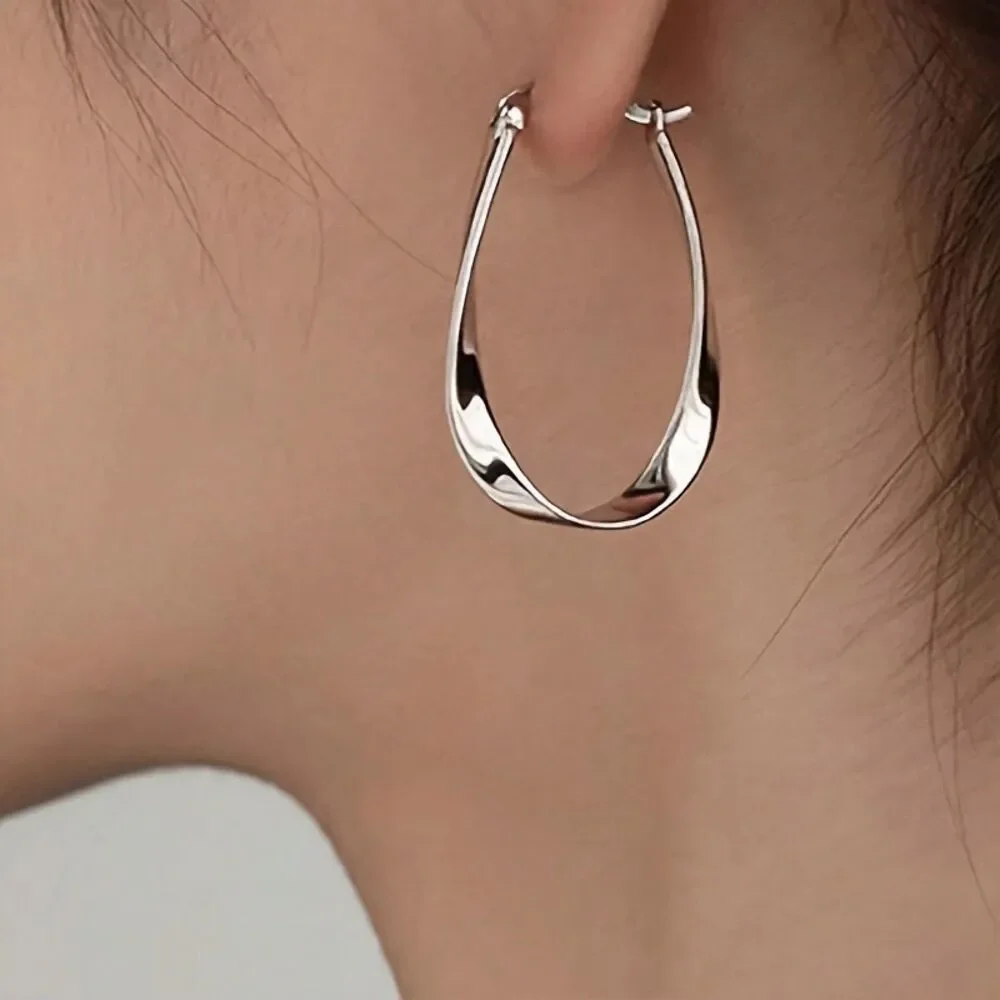 Oval Silver Twist Hoop Earrings Secure Back Lightweight Long Drop Everyday Style